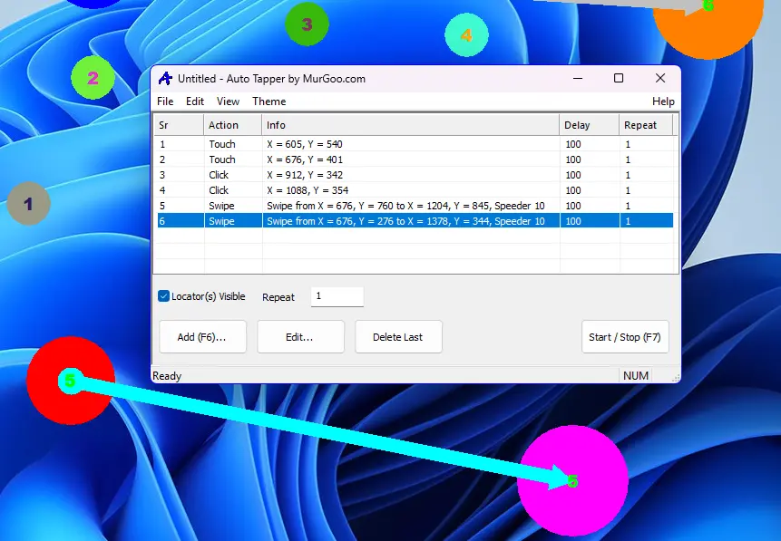 Screenshot displaying Main Screen of Auto Tapper Software captured on Windows 11 with Left Mouse Click, Screen Touch and Swipe / Dragging added to be executed in sequence