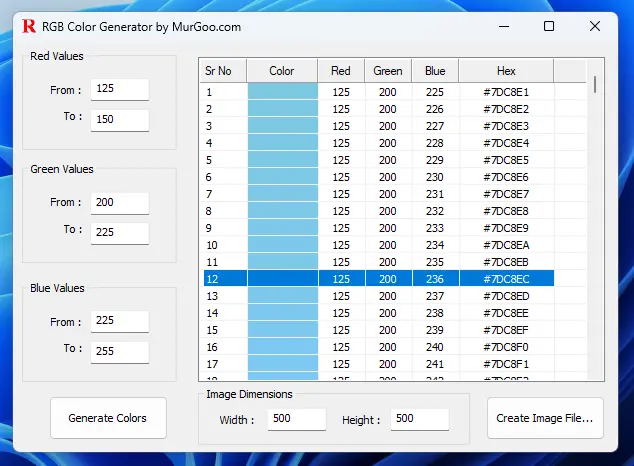 Screenshot of RGB Color Generator Utility on Windows 11
